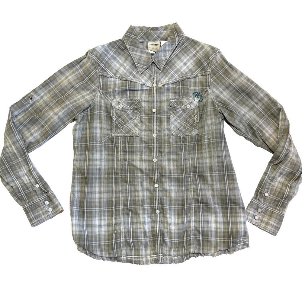 Harley Davidson Shirt Womens XL Gray Plaid Western Snap Embroidered Studded